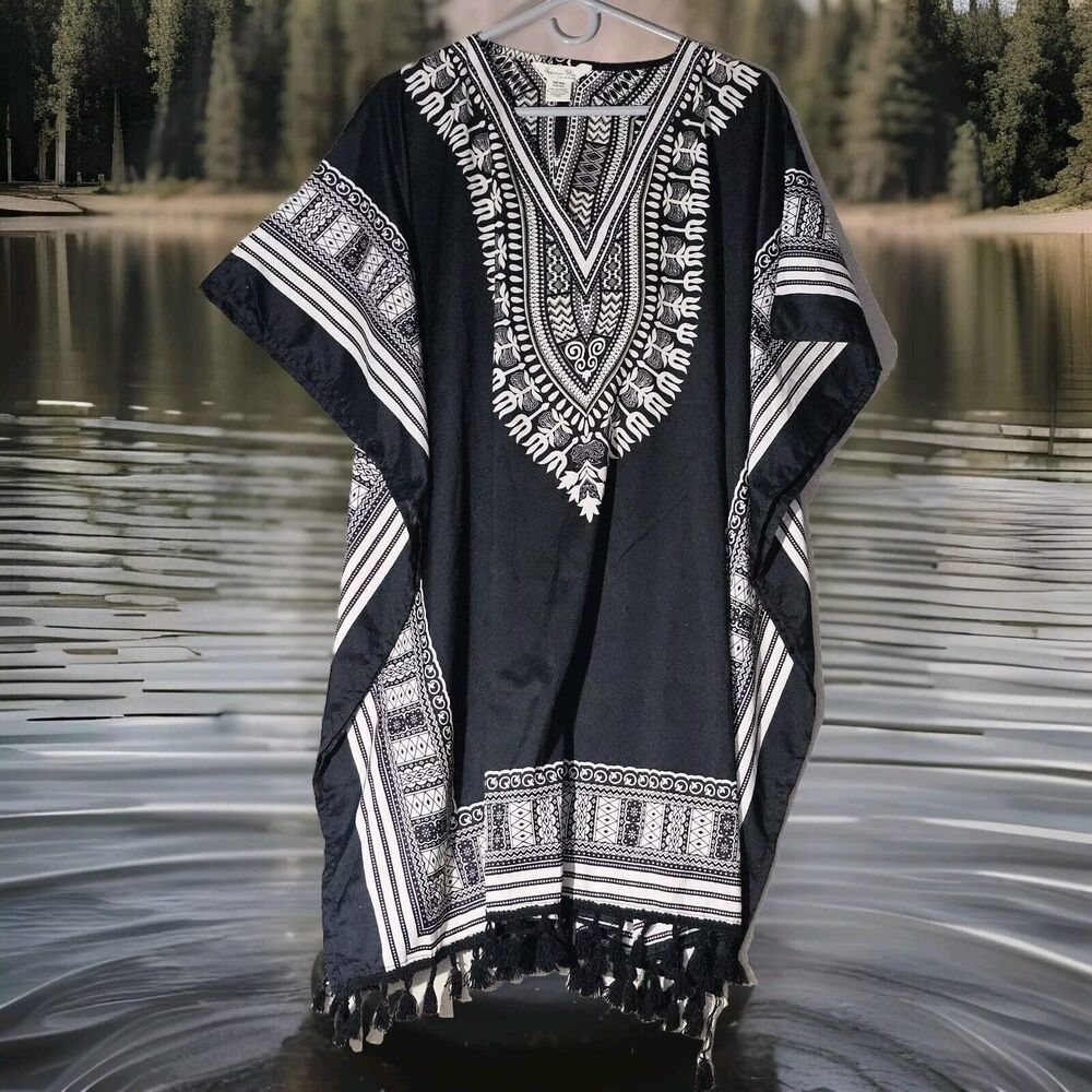Gypsy Blue Black Kaftan Tunic Dress With Tassles One Size Meditation Loungewear